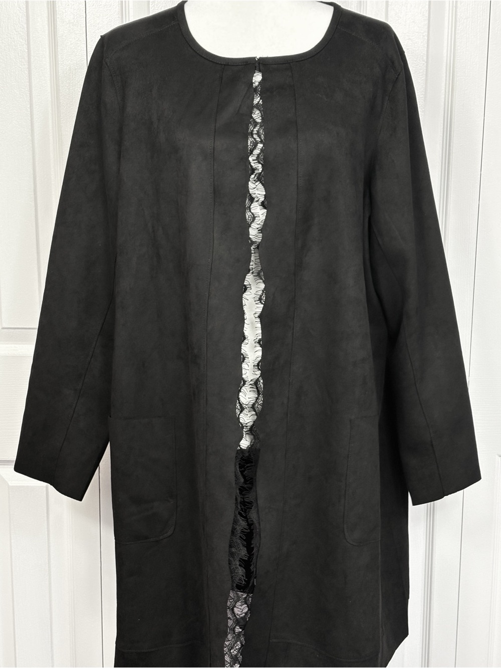 NWT Catherine Malandrino Black Faux Leather Suede Lace Fringe Jacket 1X